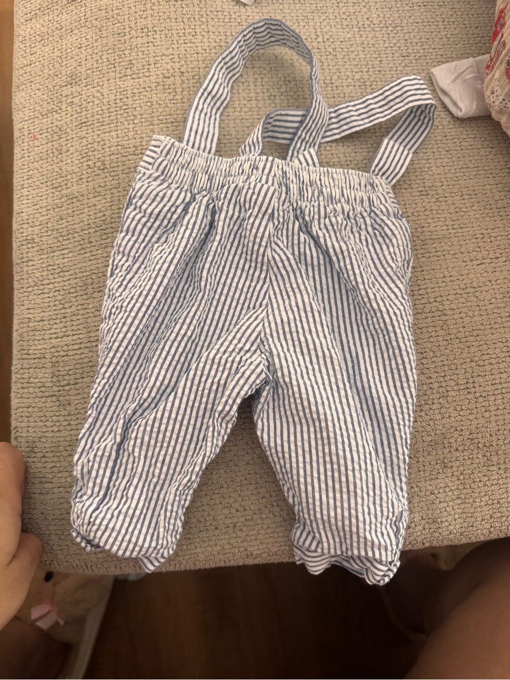Blue and White Striped Seersucker baby Suspender Pants